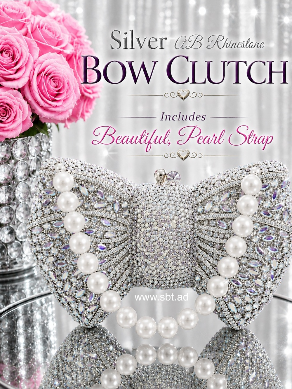 NEW Bow Clutch Purse Sparkling Bling Crystal Rhinestone Bag With Pearl Strap
